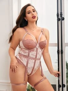 Plus 3pack Contrast Lace Cut Out Teddy Bodysuit Set - Dusty Pink - View 4