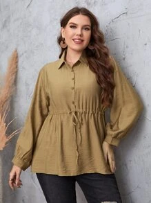 Plus Drawstring Waist Lantern Sleeve Peplum Hem Blouse - Khaki - View 1