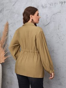 Plus Drawstring Waist Lantern Sleeve Peplum Hem Blouse - Khaki - View 2