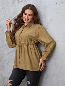 Plus Drawstring Waist Lantern Sleeve Peplum Hem Blouse - Khaki - View 3