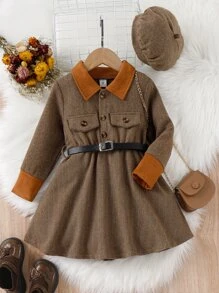 小女童拼接面繫腰帶連衣裙和帽 - 咖啡棕 - 查看 1