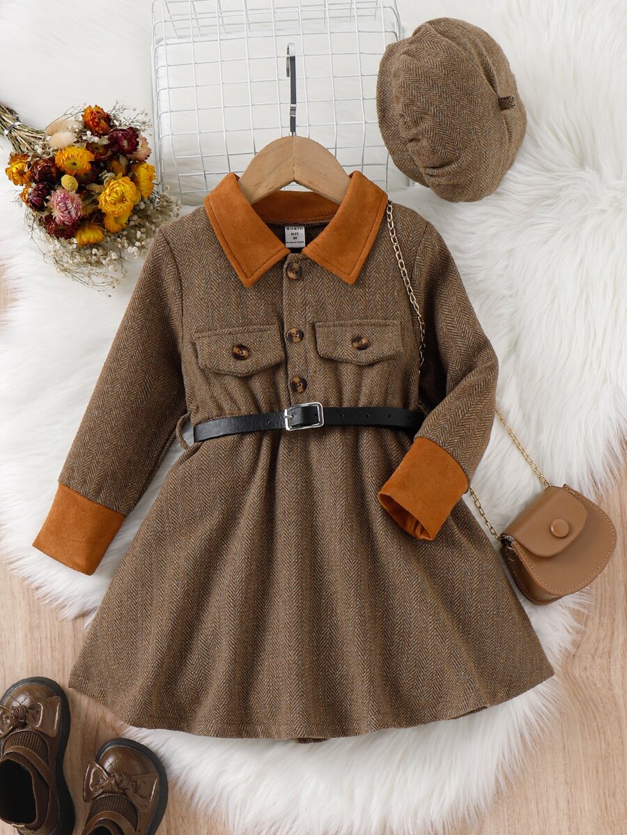 小女童拼接面繫腰帶連衣裙和帽 - 咖啡棕 - 查看 1