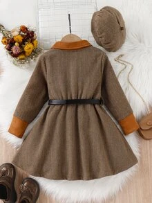 小女童拼接面繫腰帶連衣裙和帽 - 咖啡棕 - 查看 2