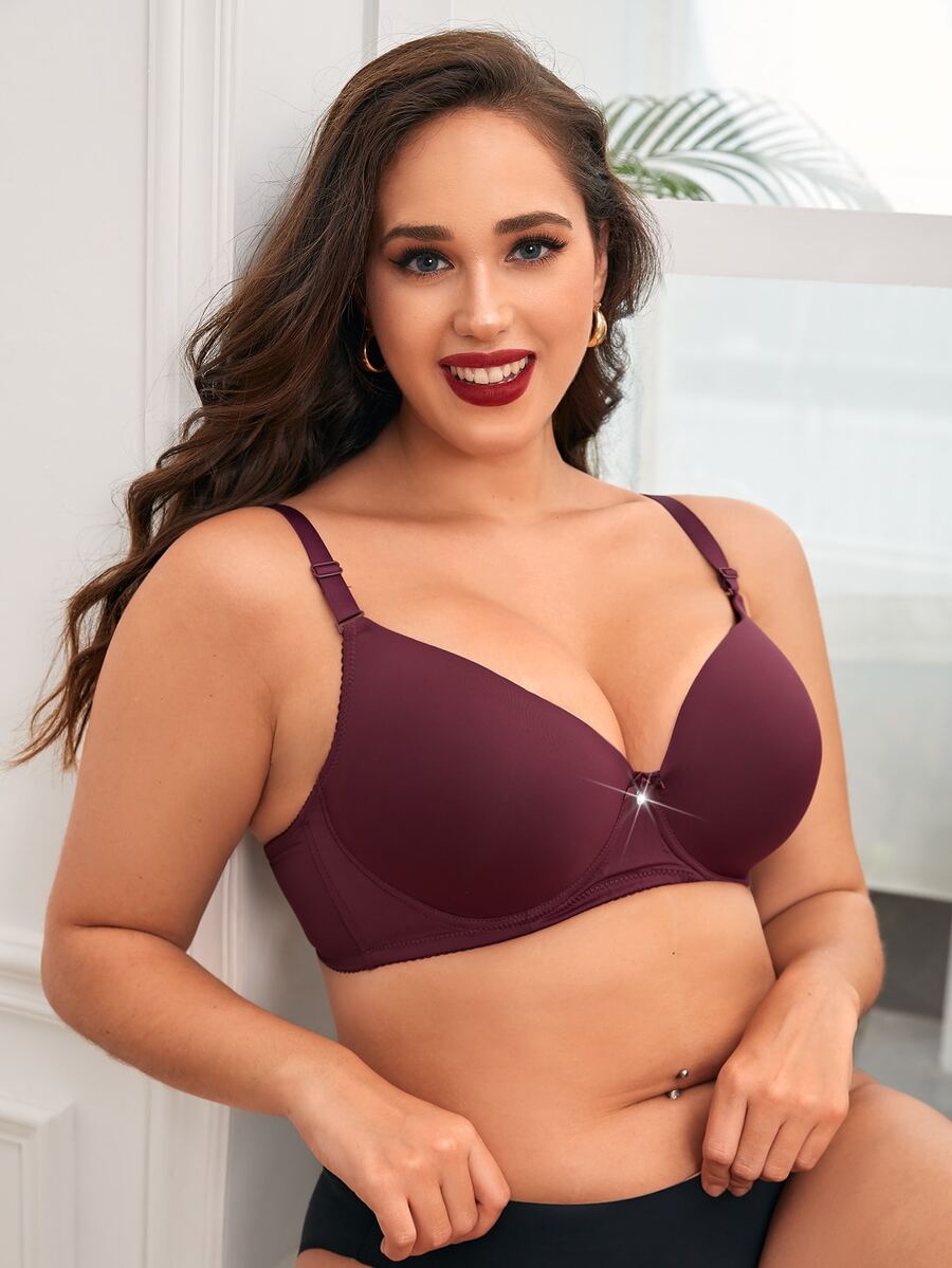 Plus Solid Underwire Bra - Maroon - View 1