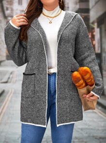 SHEIN LUNE Plus Contrast Binding Dual Pocket Hooded Cardigan - Grey - View 1