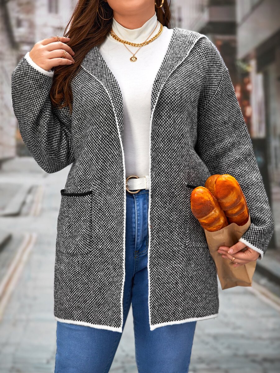 SHEIN LUNE Plus Contrast Binding Dual Pocket Hooded Cardigan - Grey - View 1