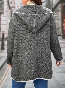 SHEIN LUNE Plus Contrast Binding Dual Pocket Hooded Cardigan - Grey - View 2
