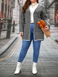 SHEIN LUNE Plus Contrast Binding Dual Pocket Hooded Cardigan - Grey - View 4