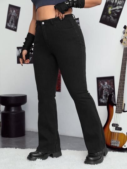 Damen High Waist Schlagjeans ohne Gürtel in Schwarz