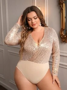 SHEIN Privé Plus Surplice Neck Sequin Bodysuit - Champagne - View 2