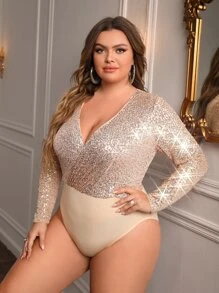 SHEIN Privé Plus Surplice Neck Sequin Bodysuit - Champagne - View 4
