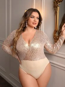 SHEIN Privé Plus Surplice Neck Sequin Bodysuit - Champagne - View 5