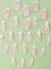 Elevate Your Style With, 24pcs Long Almond White French &Simple Stripe Design Fake Nail Set, , For Women Girls Daily Wear Press On Nails Nail Supplies - Multicolor - View 4