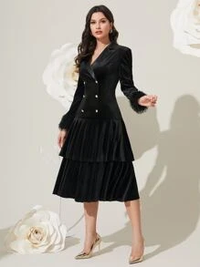Modelyn Double Breasted Fuzzy Cuff Layer Hem Velvet Party Women Dress - Black - View 1