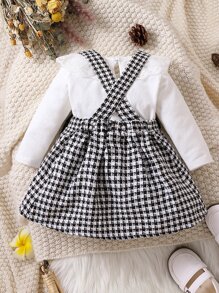 Bebé Camiseta de malla con bordado fruncido & Vestido overol de pata de gallo con lazo delantero