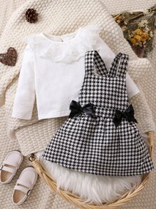 Bebé Camiseta de malla con bordado fruncido & Vestido overol de pata de gallo con lazo delantero