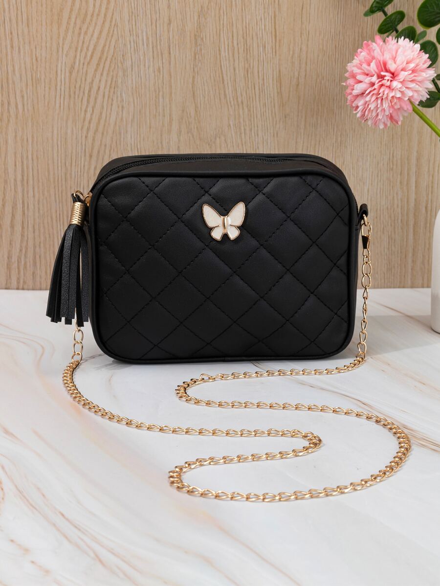 蝴蝶結和流蘇裝飾絎縫方包，鏈條斜挎錢包，女士時尚單肩包迷你絎縫蝴蝶和流蘇裝飾方包 - 黑色 - 查看 1