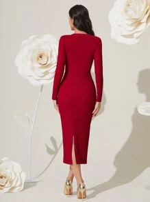 Modelyn Đầm Chia Nút phía trước màu trơn Thanh lịch - Màu Đỏ Sâu - Xem 2