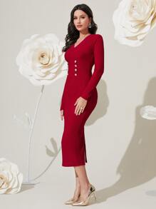 Modelyn Đầm Chia Nút phía trước màu trơn Thanh lịch - Màu Đỏ Sâu - Xem 3