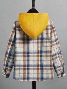 SHEIN 男孩格紋印花連帽襯衫不帶T恤