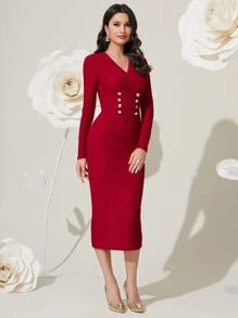 Modelyn Đầm Chia Nút phía trước màu trơn Thanh lịch - Màu Đỏ Sâu - Xem 4