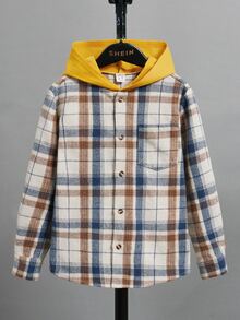 SHEIN 男孩格紋印花連帽襯衫不帶T恤