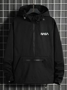 Manfinity Homme Men Letter Graphic Drawstring Hooded Outdoor Windbreaker Jacket, Long Sleeve, Zipper Jacket, Workout, Friends, Fall - Black - View 1