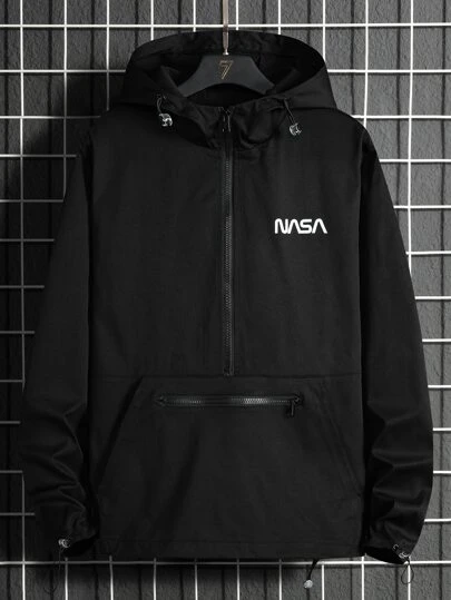 Manfinity Homme Chaqueta cortavientos con capucha con cordón y gráfico de letras para hombres, de manga larga, con cremallera, para hacer ejercicio, amigos, otoño