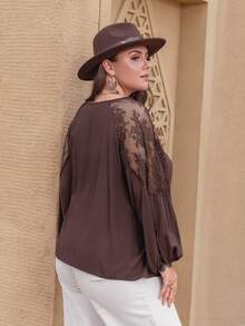 Rusttydustty Plus Contrast Lace Lantern Sleeve Blouse - Chocolate Brown - View 2