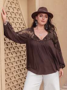 Rusttydustty Plus Contrast Lace Lantern Sleeve Blouse - Chocolate Brown - View 4