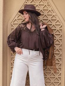 Rusttydustty Plus Contrast Lace Lantern Sleeve Blouse - Chocolate Brown - View 5