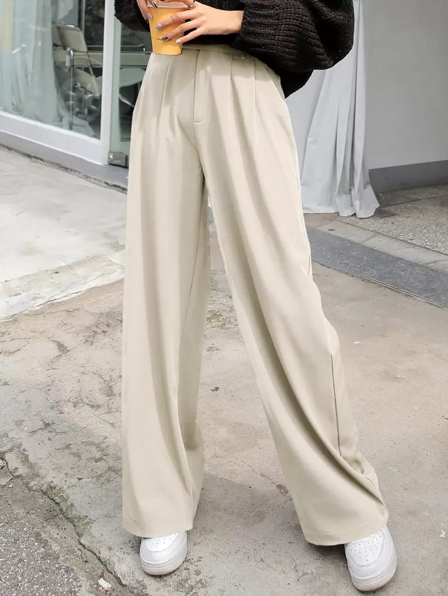 DAZY High Waist Fold Pleated Trousers - Beige - View 1