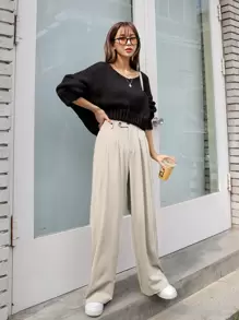 DAZY High Waist Fold Pleated Trousers - Beige - View 5