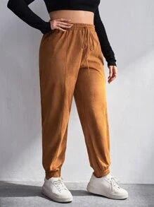 SHEIN EZwear 大碼腰上打結長褲 - 棕色 - 查看 1