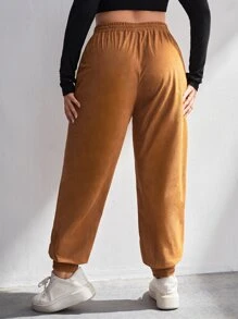 SHEIN EZwear 大碼腰上打結長褲 - 棕色 - 查看 2