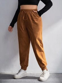 SHEIN EZwear 大碼腰上打結長褲 - 棕色 - 查看 5