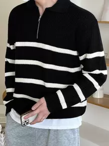 DAZY Men Striped Pattern Polo Neck Sweater Without Tee Fall,Winter Quarter Zip Men