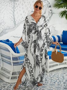 Vestido caftán tipo caftán con estampado tropical y cadena, manga de murciélago, dobladillo dividido - Blanco y Negro - Ver 2
