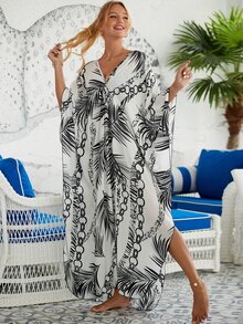 Vestido caftán tipo caftán con estampado tropical y cadena, manga de murciélago, dobladillo dividido - Blanco y Negro - Ver 5