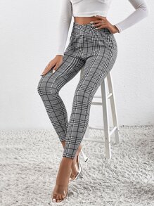 SHEIN Clasi Quần tất nữ Bất đối xứng răng cưa Sọc ca rô Giải trí - Xám - Xem 5