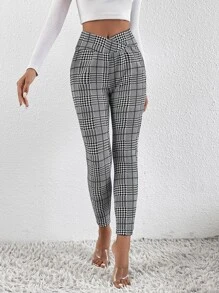 SHEIN Clasi Quần tất nữ Bất đối xứng răng cưa Sọc ca rô Giải trí - Xám - Xem 3