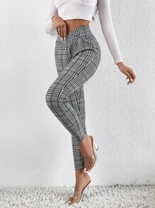 SHEIN Clasi Quần tất nữ Bất đối xứng răng cưa Sọc ca rô Giải trí - Xám - Xem 2