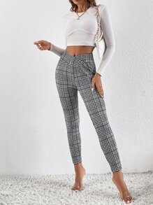 SHEIN Clasi Quần tất nữ Bất đối xứng răng cưa Sọc ca rô Giải trí - Xám - Xem 6