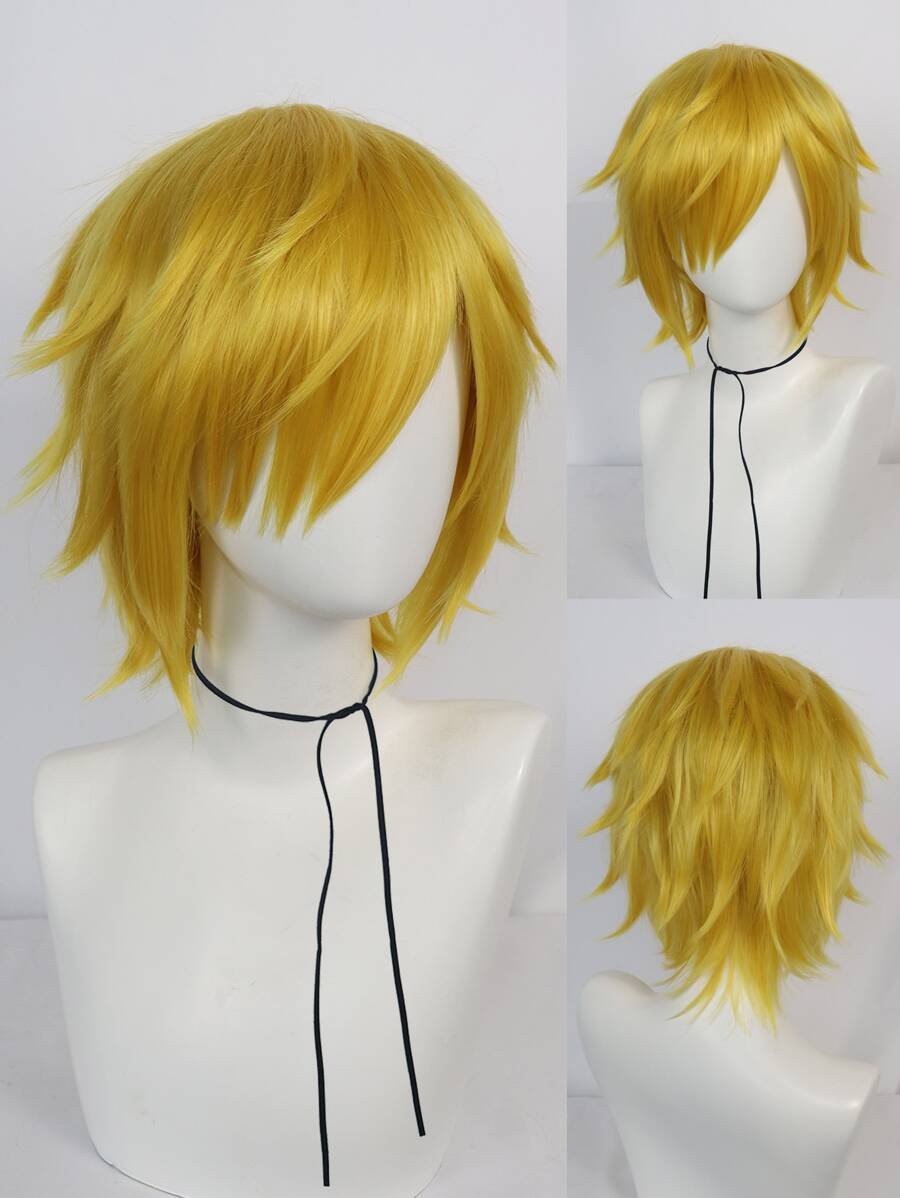 Tóc giả tổng hợp Cosplay thẳng ngắn với tóc mái - Màu vàng - Xem 1