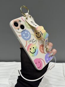 Cartoon Smile Pattern Phone Case With Wristband Holder & Lanyard - Multicolor - View 1