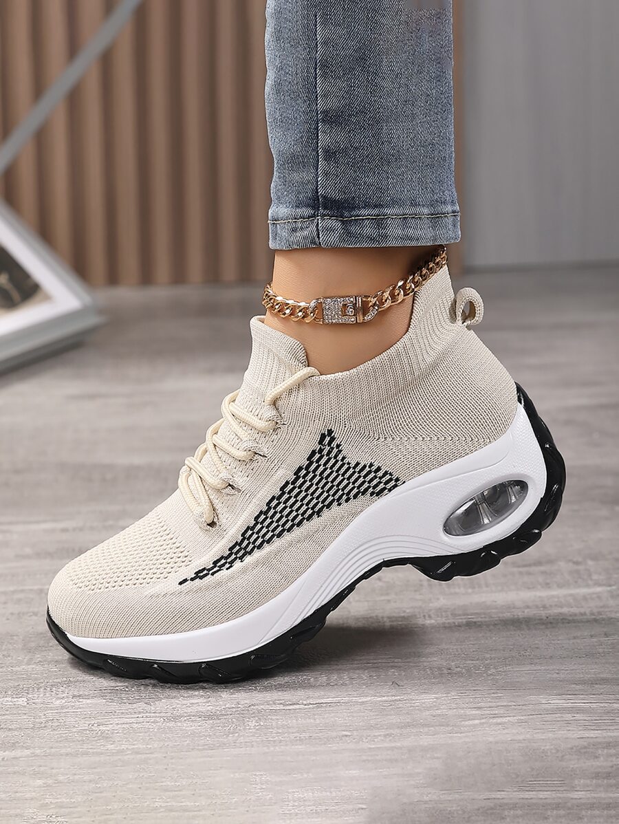 Two Tone Lace-up Front Running Shoes - Beige - View 1