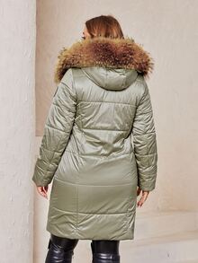 Plus Size Zip Up Fuzzy Trim Hooded Padded Coat - Mint Green - View 2