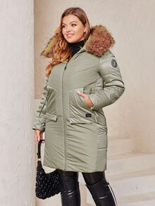 Plus Size Zip Up Fuzzy Trim Hooded Padded Coat - Mint Green - View 3