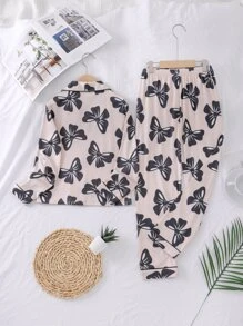 女孩蝴蝶圖案拼接滾邊睡衣套裝 - 卡其色 - 查看 2