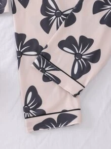 女孩蝴蝶圖案拼接滾邊睡衣套裝 - 卡其色 - 查看 7